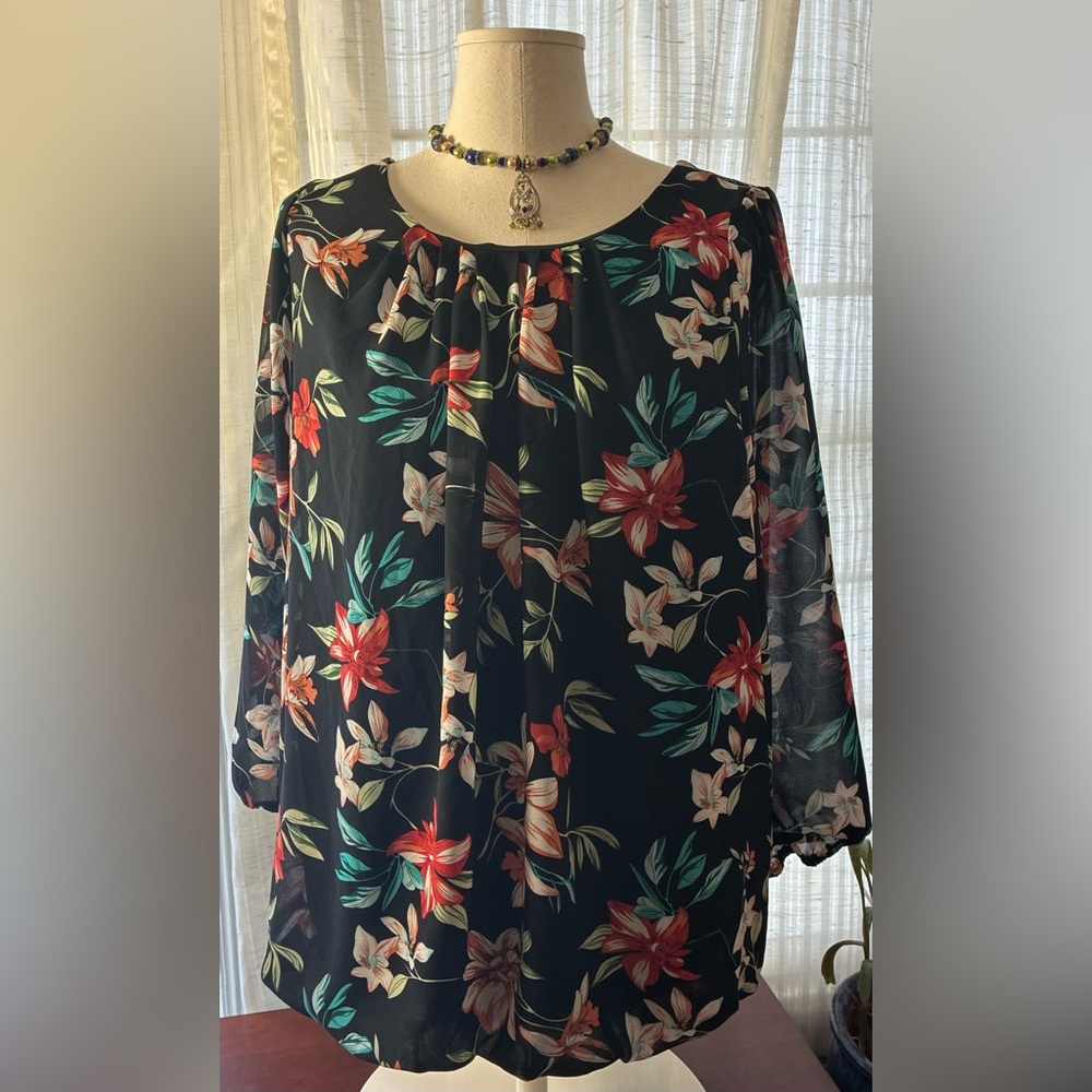Zenobia Black Floral Blouse with Red & Green Accents